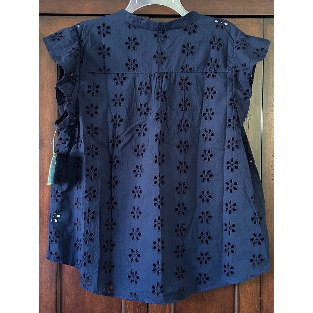 NWT CeCe Womens Navy Blue Eyelet Top Flutter Sleeve V-Neck Cotton Blouse XL - Picture 5 of 11